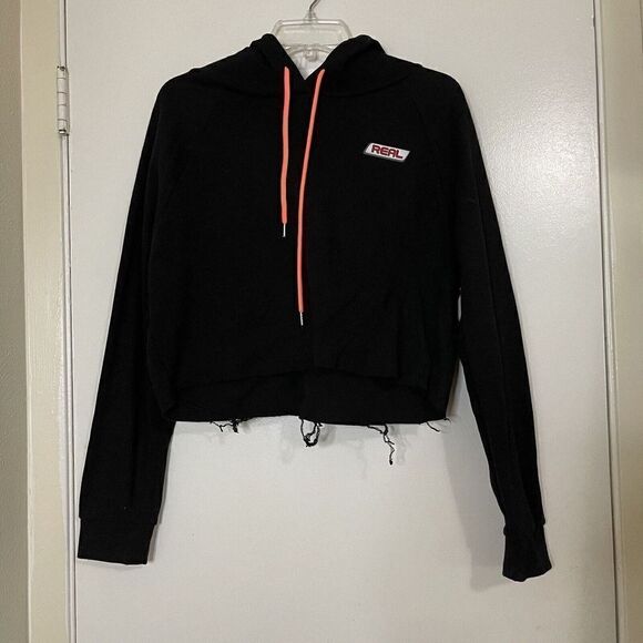 forever 21 black pullover cropped hoodie raw hem size small - Picture 1 of 4